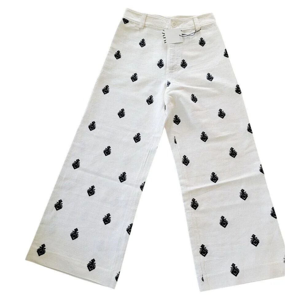 Zara XS Embroidered Wide‎ Leg Linen Pants Oyster White ZW Collection Aztec NWT